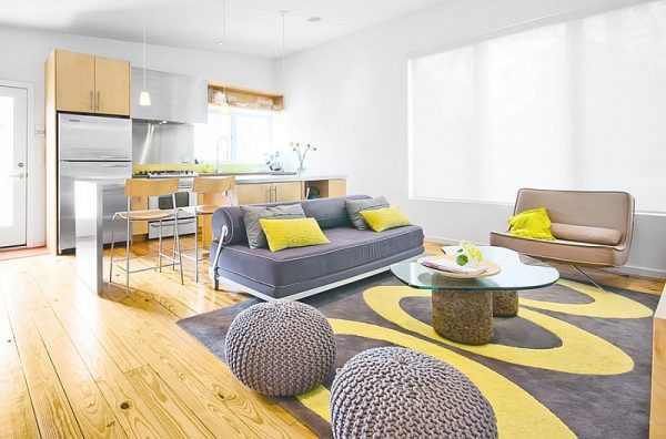 grey and yellow living room