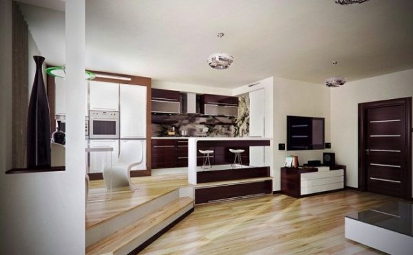 Dual-Floor-Level-Wooden-Floor-Brown-Door-Browm-Kitchen-Cabinet