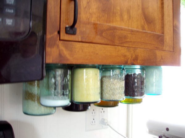 jars on the on the cabinet 