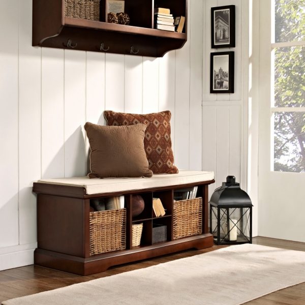 wood storage bench with baskets