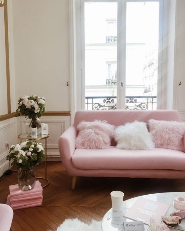 blush pink sofa