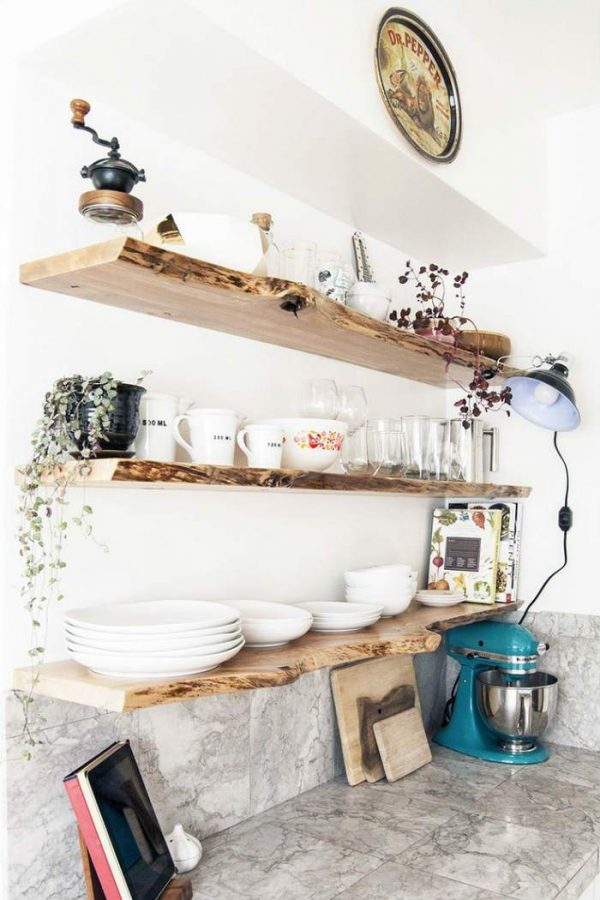 natural wood shelves