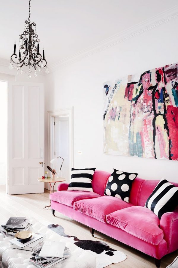 pink velvet sofa