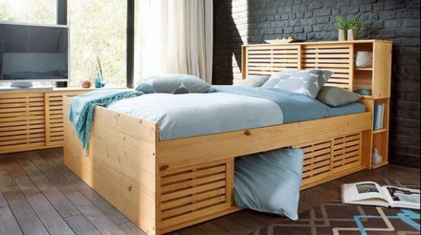 wooden bed frame with drawers