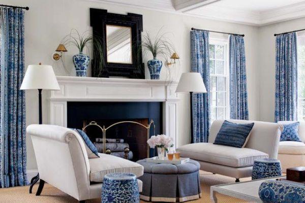 blue and white living room