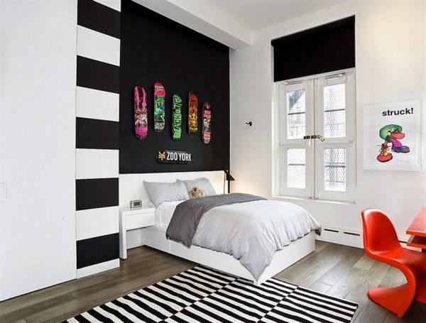 black and white themed bedroom