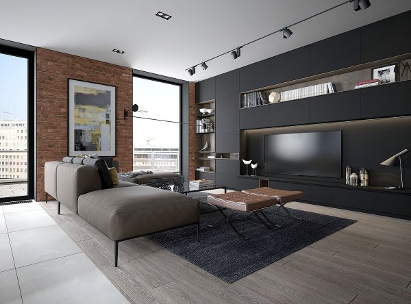 brick accent wall living room