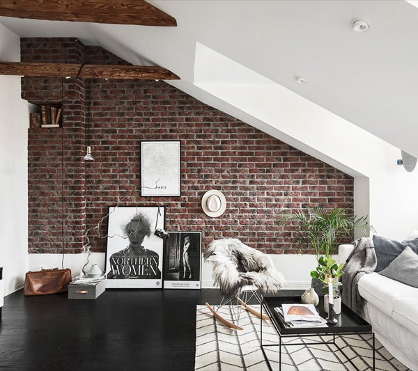 Brick accent wall in living room