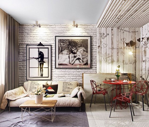 white brick wall living room