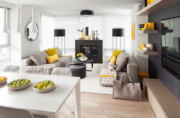 gray and yellow living room