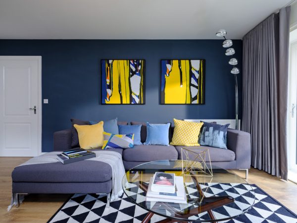 blue and yellow living room