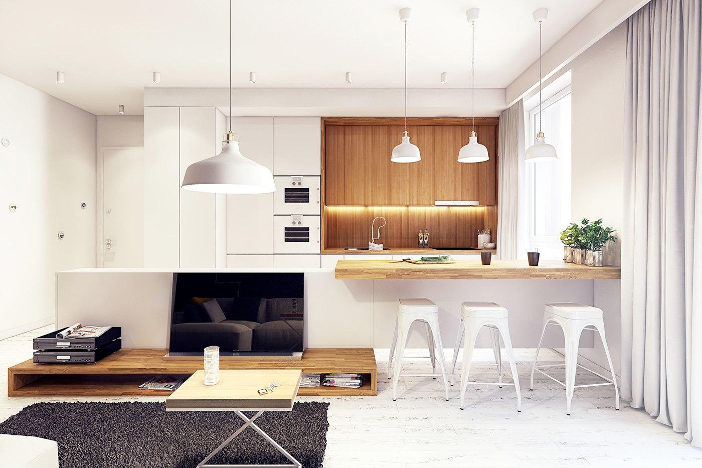 light wood floor and white color kitchen