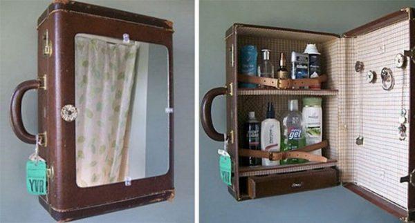 An old suitcase used as washroom drawer