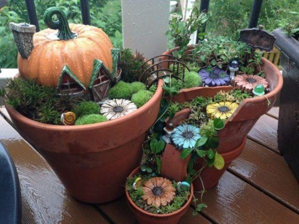 Broken pot fairy garden