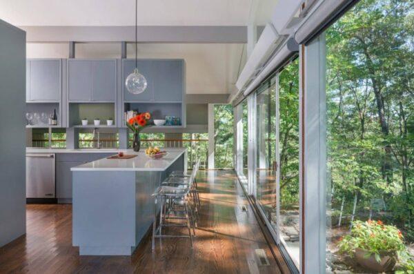 kitchen with floor-to-ceiling windows