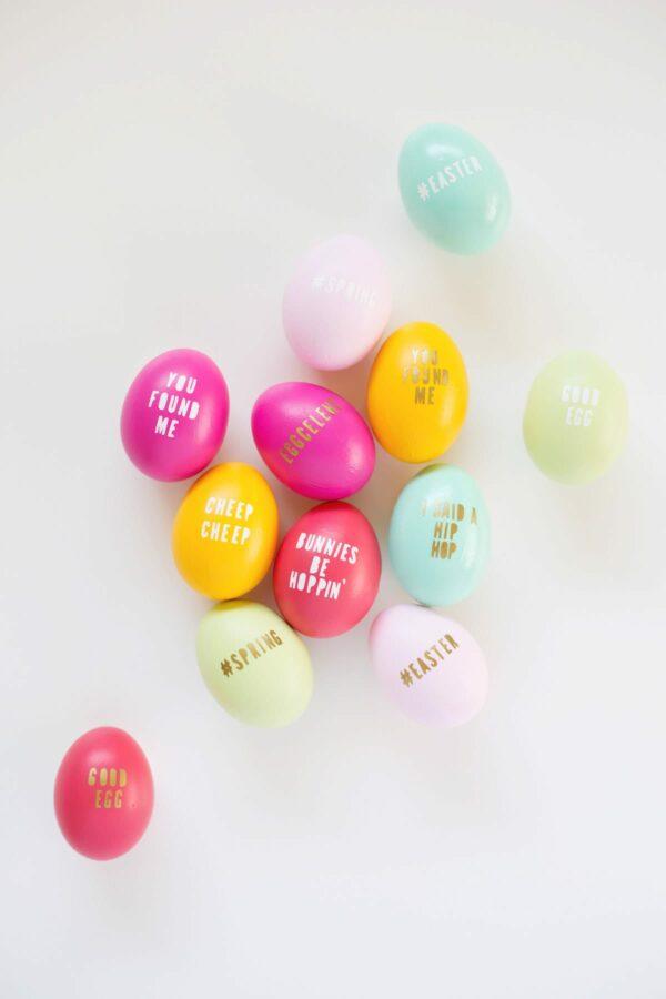 Colorful painted Easter eggs with calligraphy text