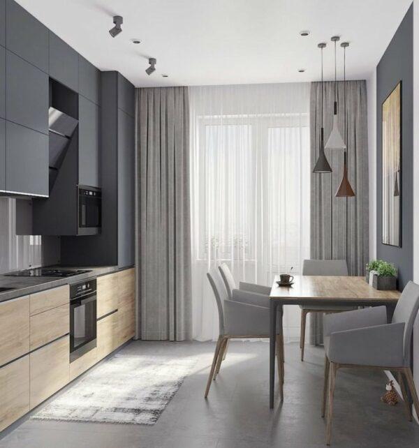 grey kitchen with wood