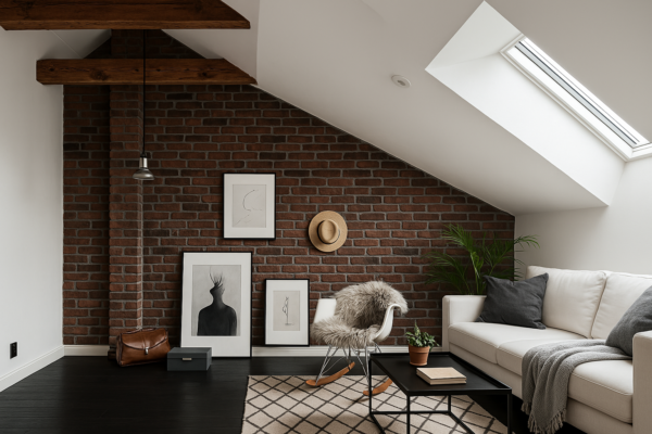 dark brick accent wall living room