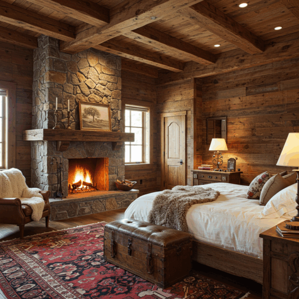 Stone fireplace bedroom