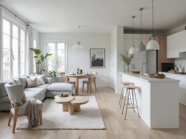 Wide shot of a kitchen island opening into a cozy living room