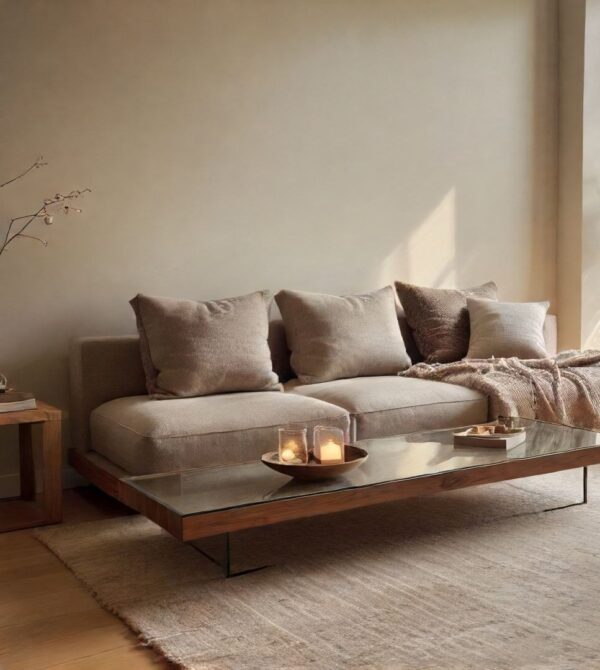 A modern sofa with low profile and neutral throw pillows