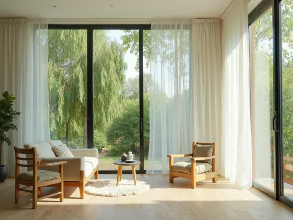 Living room bathed in sunlight with greenery outside