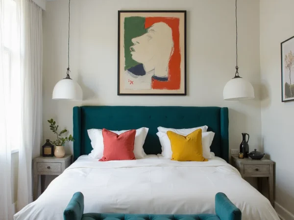 Neutral bedroom with a bold navy blue headboard