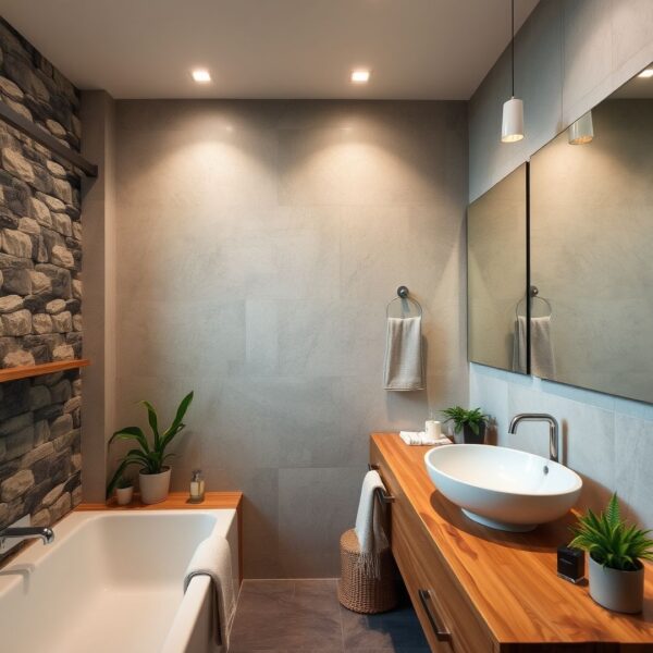 bathroom with recycled wood countertops or eco-friendly decor.