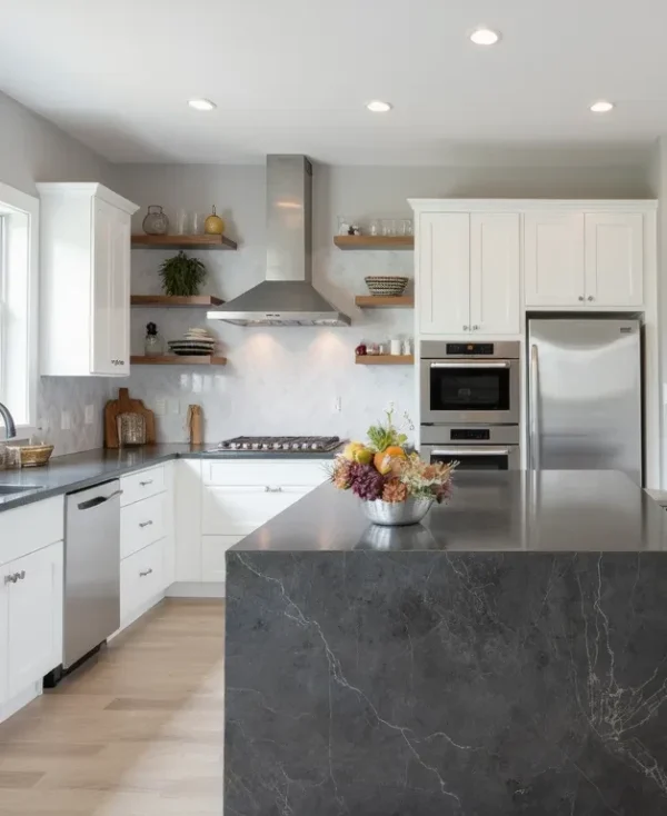 White kitchen with dark countertops